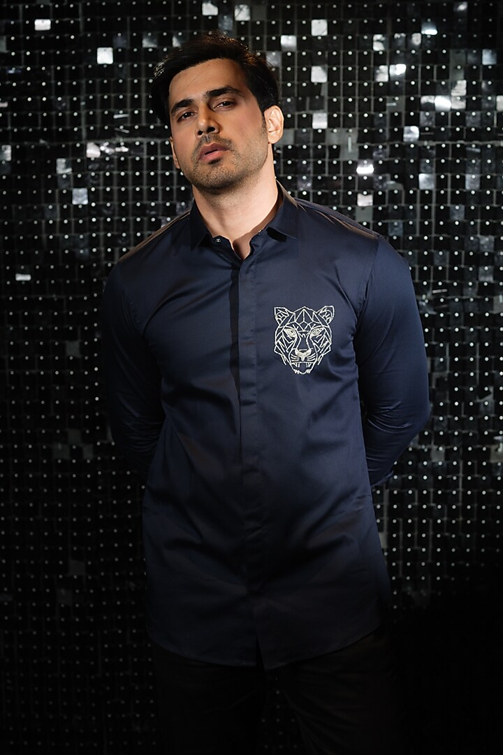Navy Blue Stretchable Cotton Tiger Face Cutdana Hand Embroidered Party Wear Shirt by SANJANA REDDY MEN at Pernia's Pop Up Shop