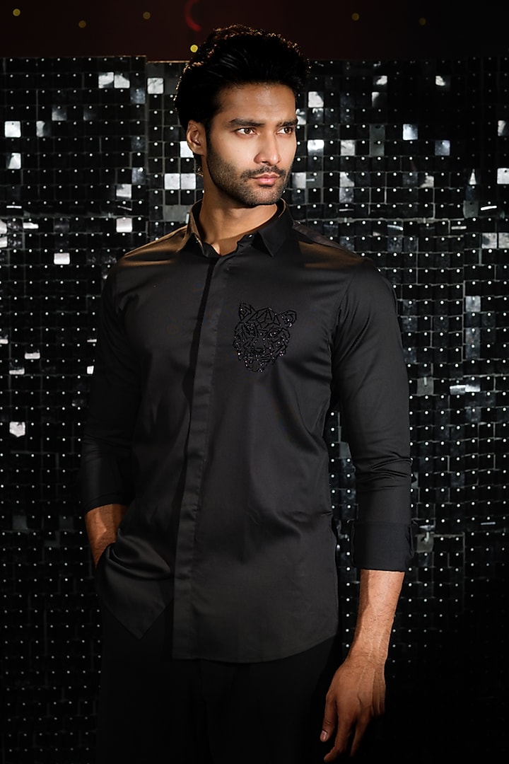 Black Stretchable Cotton Tiger Face Cutdana Hand Embroidered Shirt by SANJANA REDDY MEN