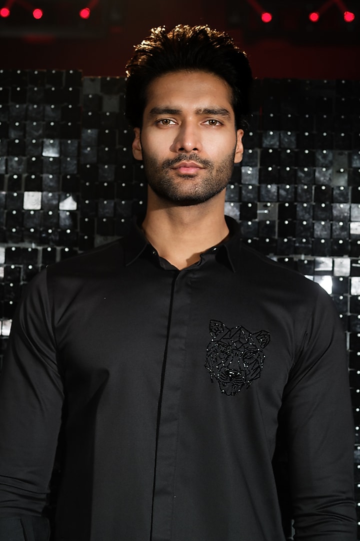 Black Stretchable Cotton Tiger Face Cutdana Hand Embroidered Party Wear Shirt by SANJANA REDDY MEN at Pernia's Pop Up Shop