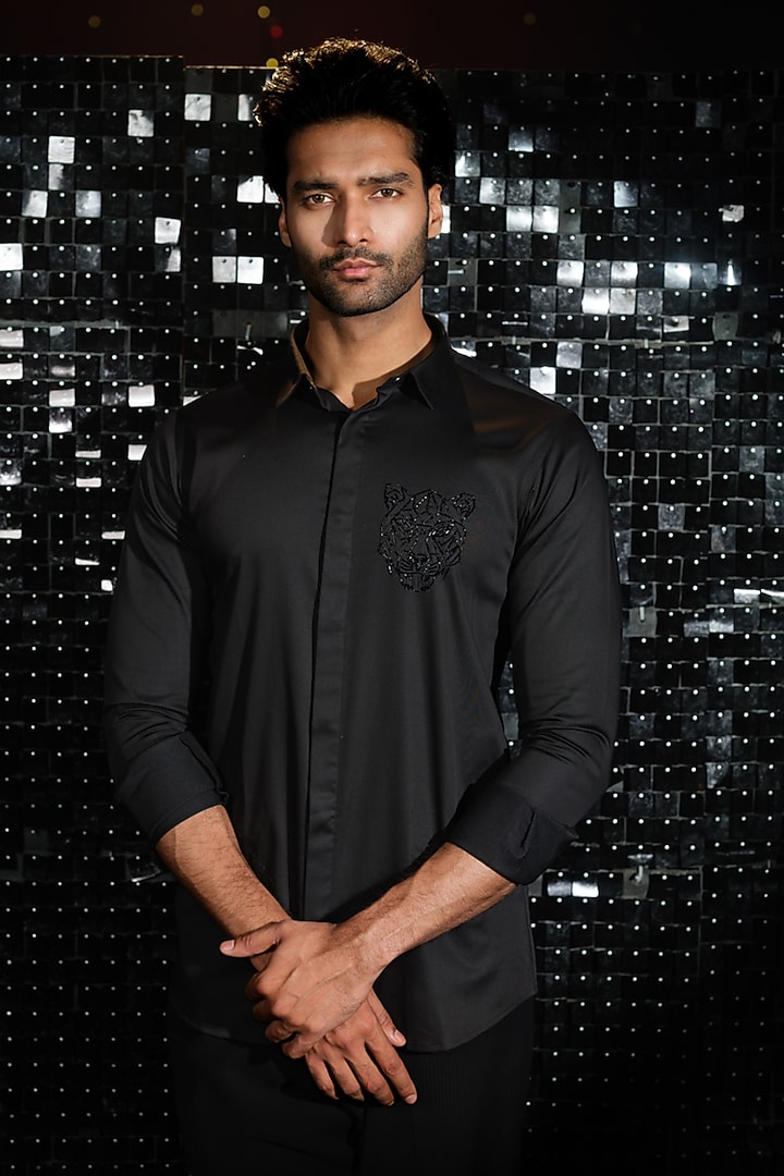 Black Stretchable Cotton Tiger Face Cutdana Hand Embroidered Party Wear Shirt by SANJANA REDDY MEN at Pernia's Pop Up Shop