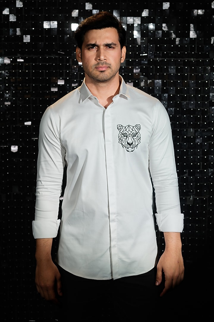 White Stretchable Cotton Tiger Hand Embroidered Party Wear Shirt by SANJANA REDDY MEN at Pernia's Pop Up Shop