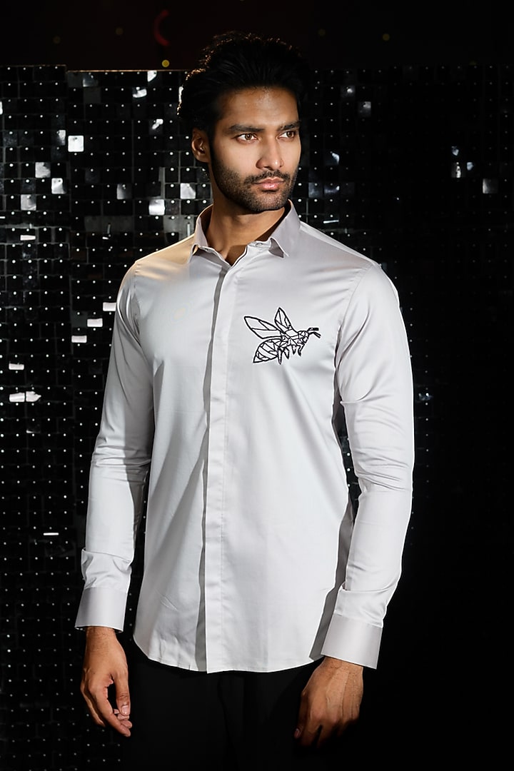 Grey Stretchable Cotton Bee Hand Embroidered Party Wear Shirt by SANJANA REDDY MEN at Pernia's Pop Up Shop