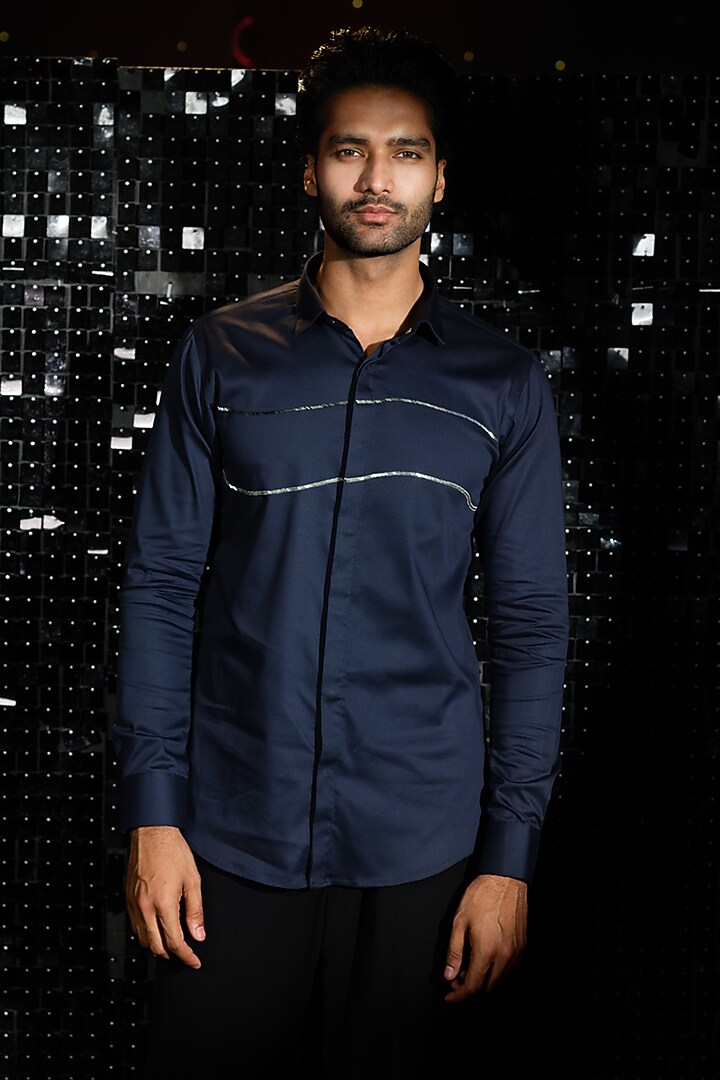 Navy Blue Stretchable Cotton Hand Embroidered Party Wear Shirt by SANJANA REDDY MEN at Pernia's Pop Up Shop