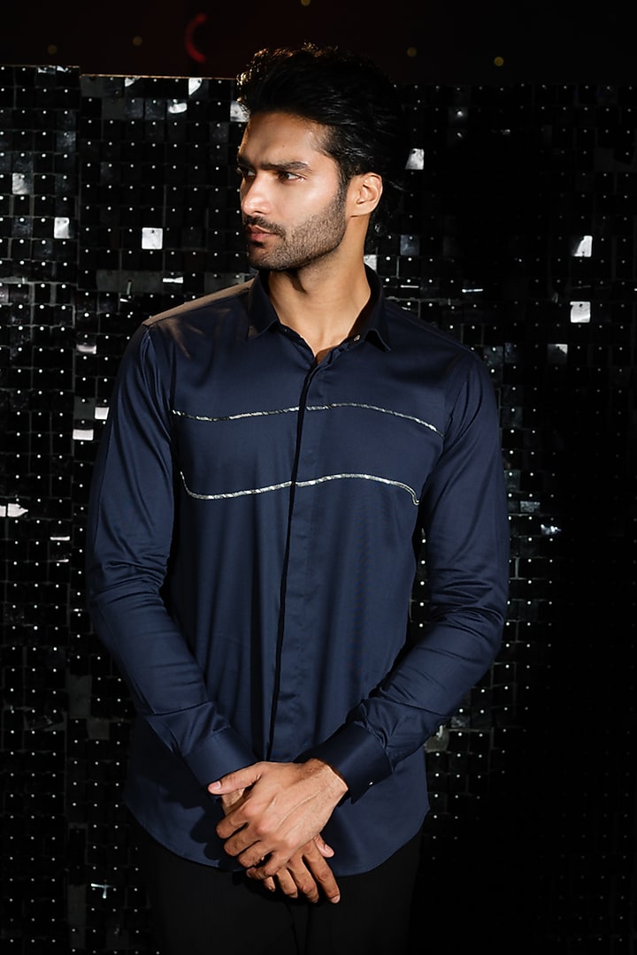 Navy Blue Stretchable Cotton Hand Embroidered Party Wear Shirt by SANJANA REDDY MEN at Pernia's Pop Up Shop