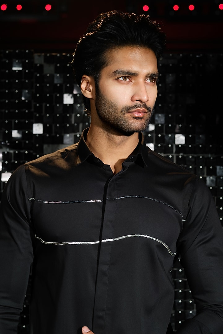 Black Stretchable Cotton Hand Embroidered Party Wear Shirt by SANJANA REDDY MEN at Pernia's Pop Up Shop