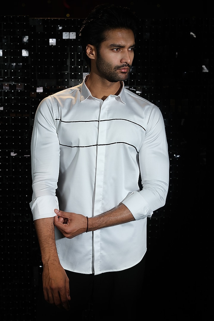 White Stretchable Cotton Hand Embroidered Shirt by SANJANA REDDY MEN