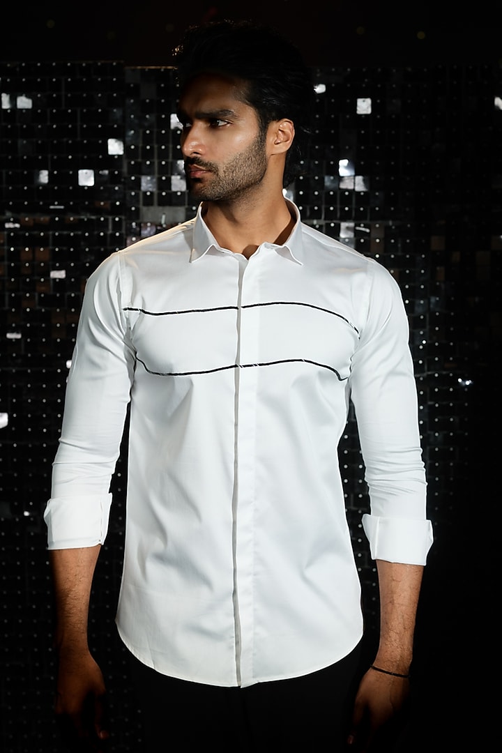 White Stretchable Cotton Hand Embroidered Party Wear Shirt by SANJANA REDDY MEN at Pernia's Pop Up Shop