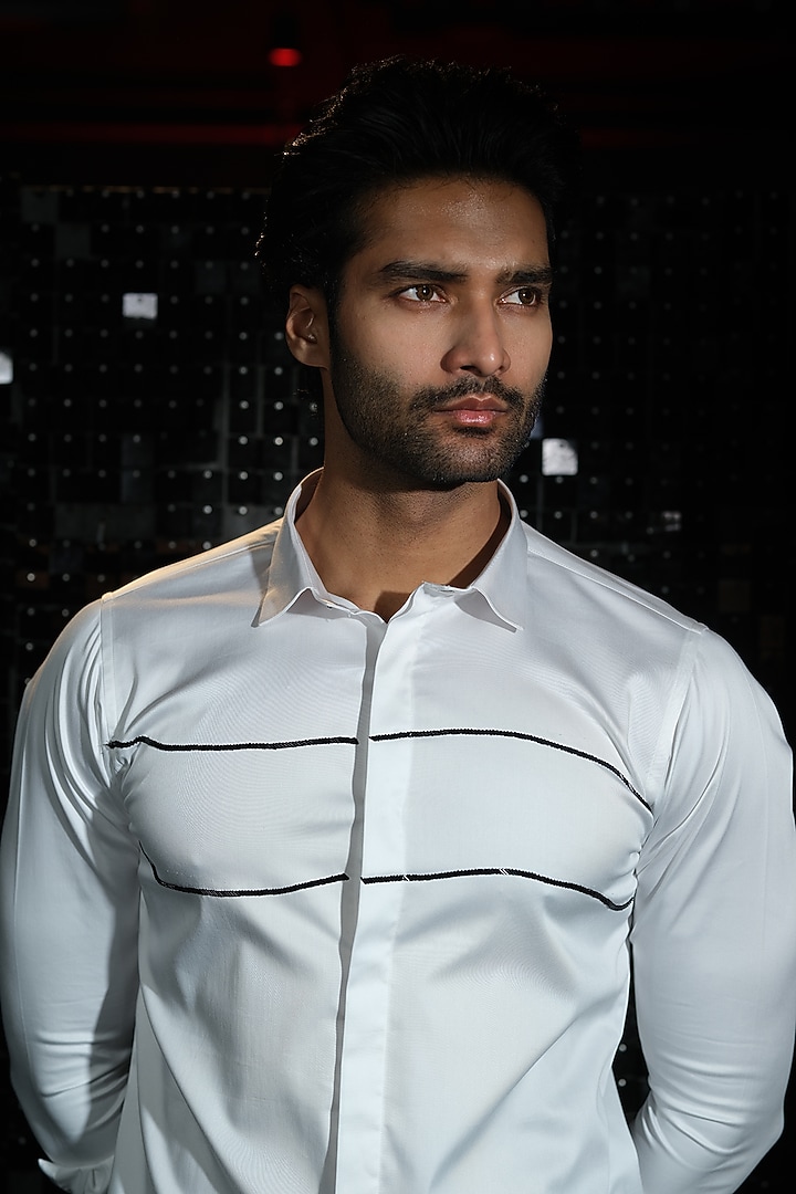 White Stretchable Cotton Hand Embroidered Party Wear Shirt by SANJANA REDDY MEN at Pernia's Pop Up Shop