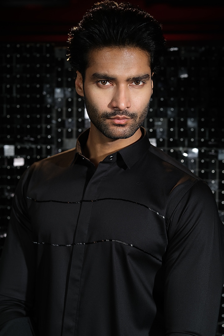 Black Stretchable Cotton Hand Embroidered Party Wear Shirt by SANJANA REDDY MEN at Pernia's Pop Up Shop