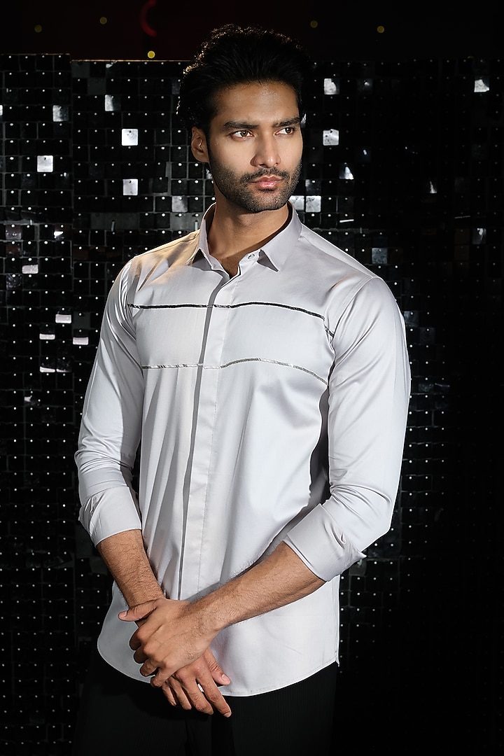 Grey Stretchable Cotton Hand Embroidered Shirt by SANJANA REDDY MEN