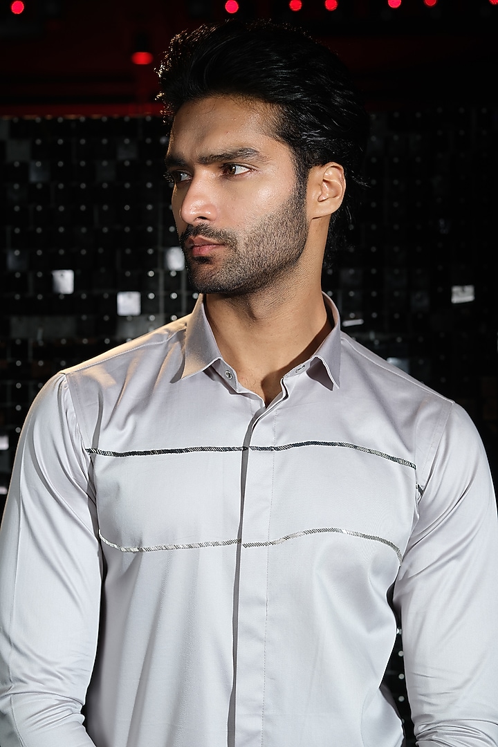 Grey Stretchable Cotton Hand Embroidered Party Wear Shirt by SANJANA REDDY MEN at Pernia's Pop Up Shop