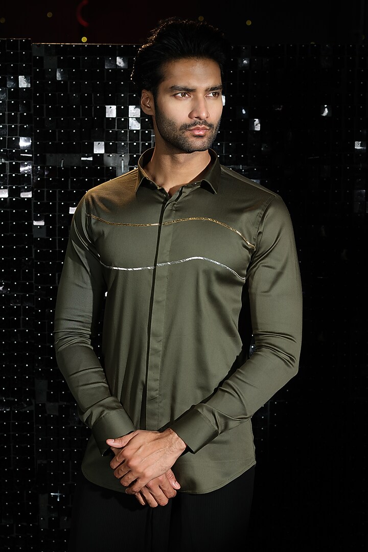 Olive Green Stretchable Cotton Hand Embroidered Party Wear Shirt by SANJANA REDDY MEN at Pernia's Pop Up Shop