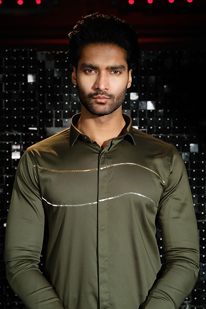 Olive Green Stretchable Cotton Hand Embroidered Party Wear Shirt by SANJANA REDDY MEN at Pernia's Pop Up Shop