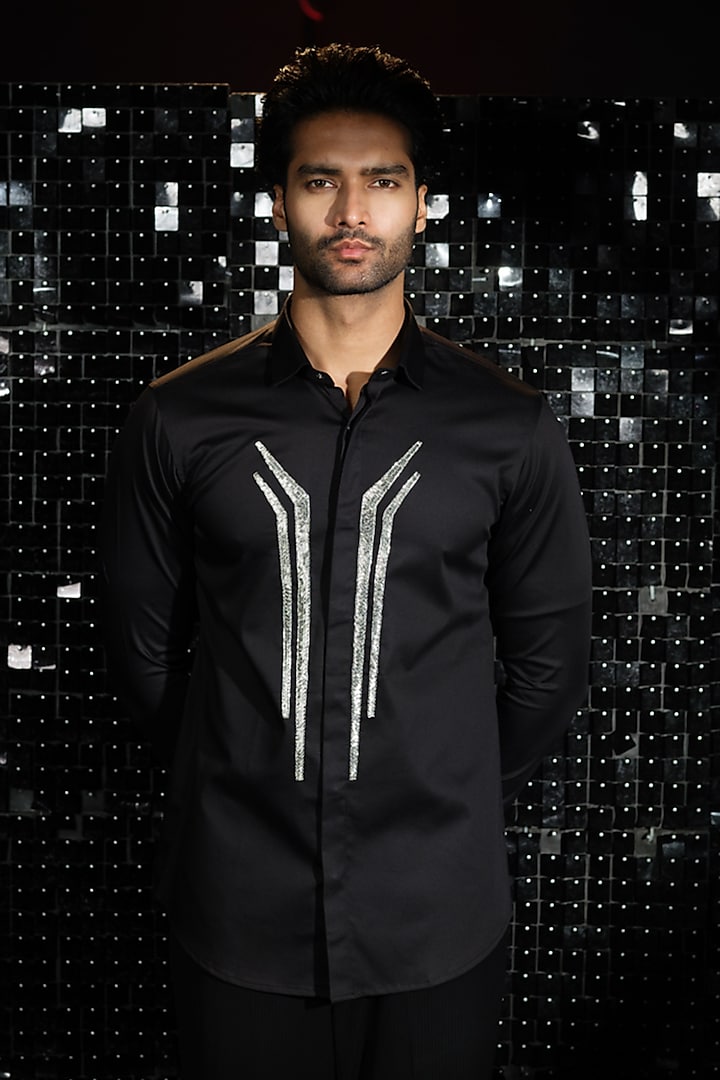 Black Stretchable Cotton Hand Embroidered Shirt by SANJANA REDDY MEN