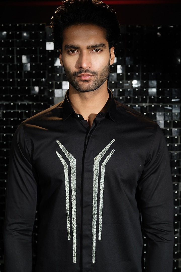 Black Stretchable Cotton Hand Embroidered Party Wear Shirt by SANJANA REDDY MEN at Pernia's Pop Up Shop