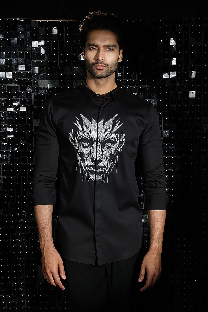 Black Stretchable Cotton Hand Embroidered Shirt by SANJANA REDDY MEN