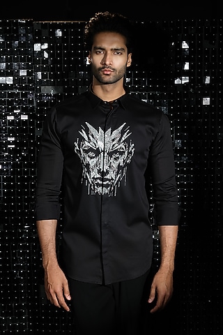 Black Stretchable Cotton Hand Embroidered Shirt by SANJANA REDDY MEN