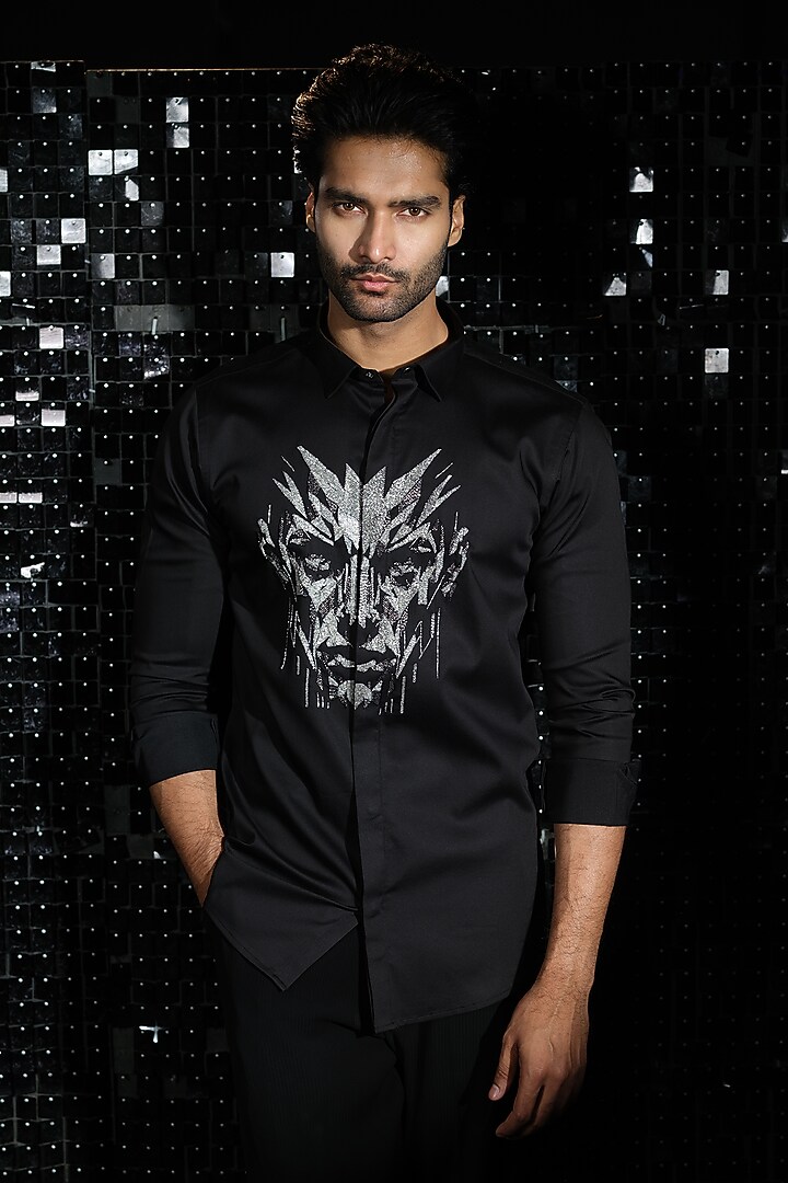 Black Stretchable Cotton Hand Embroidered Party Wear Shirt by SANJANA REDDY MEN at Pernia's Pop Up Shop