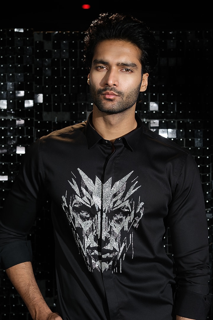 Black Stretchable Cotton Hand Embroidered Party Wear Shirt by SANJANA REDDY MEN at Pernia's Pop Up Shop