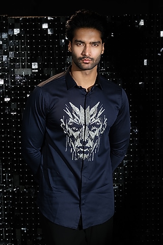 Navy Blue Stretchable Cotton Hand Embroidered Shirt by SANJANA REDDY MEN