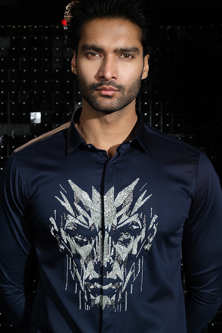 Navy Blue Stretchable Cotton Hand Embroidered Party Wear Shirt by SANJANA REDDY MEN at Pernia's Pop Up Shop