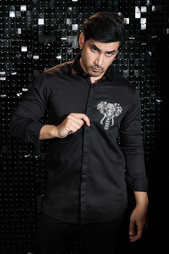 Black Stretchable Cotton 3D Elephant Hand Embroidered Shirt by SANJANA REDDY MEN