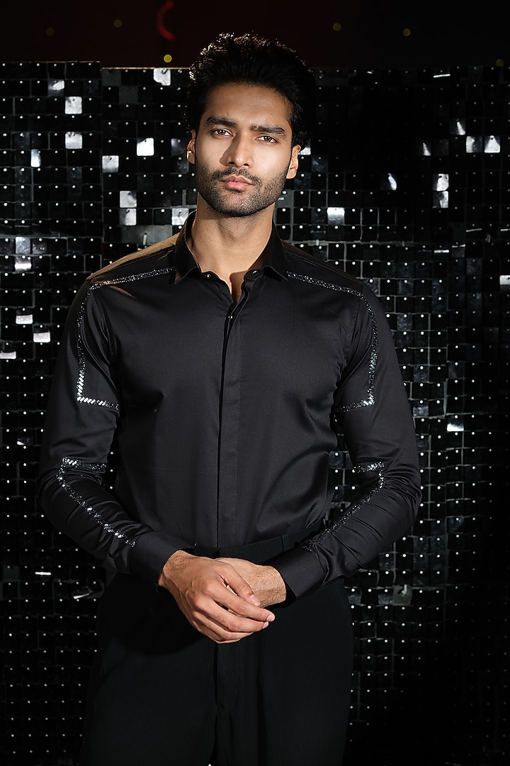 Black Stretchable Cotton Shirt by SANJANA REDDY MEN