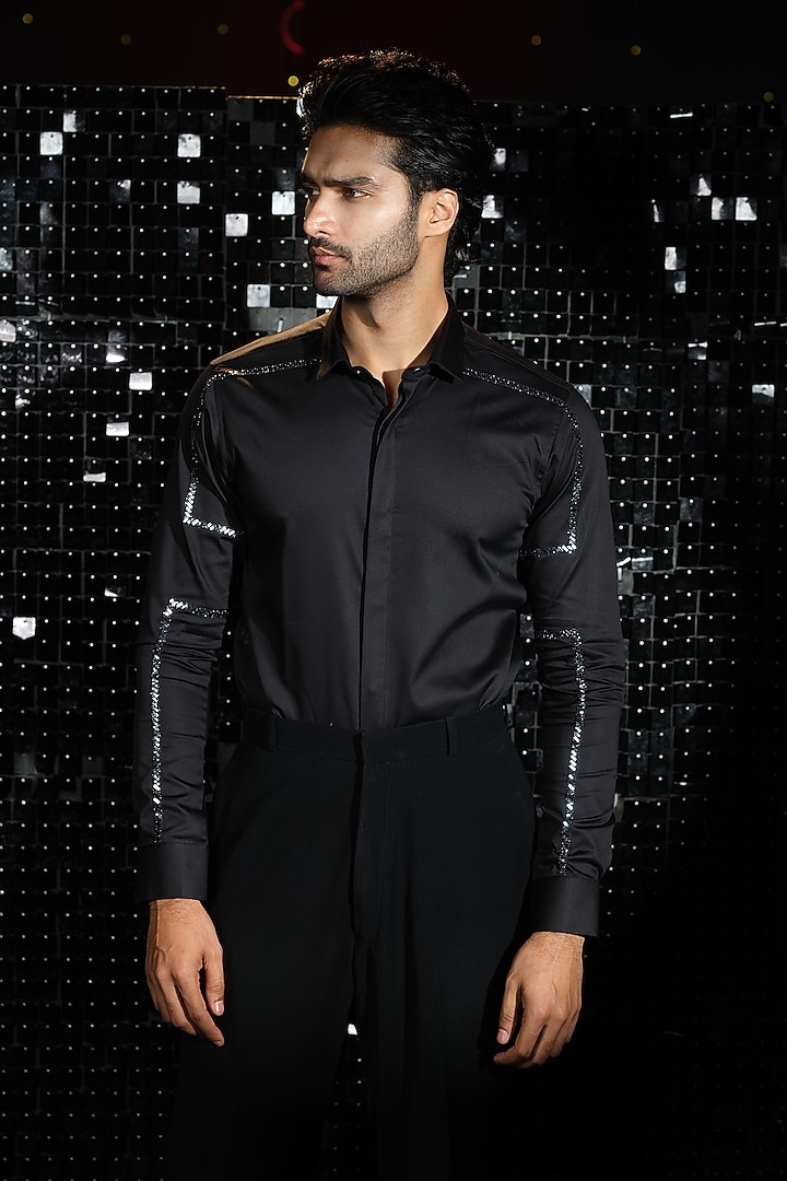 Black Stretchable Cotton Party Wear Shirt by SANJANA REDDY MEN at Pernia's Pop Up Shop