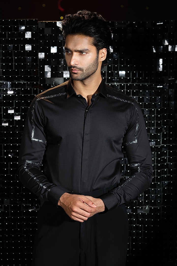 Black Stretchable Cotton Party Wear Shirt by SANJANA REDDY MEN at Pernia's Pop Up Shop