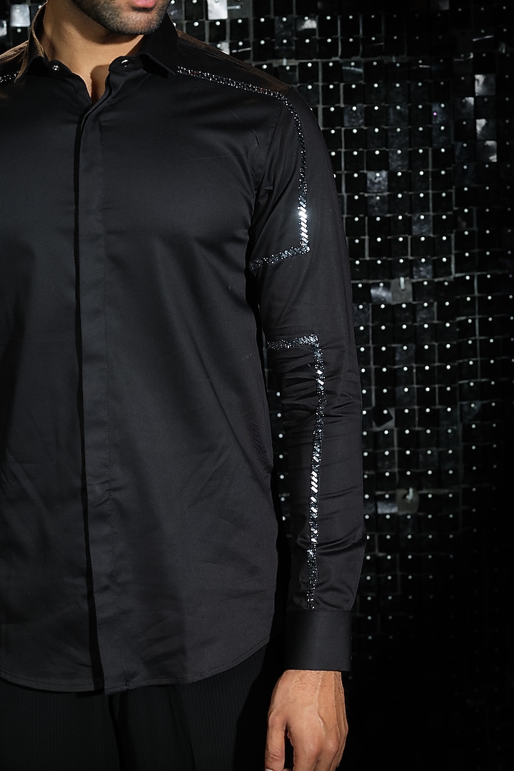 Black Stretchable Cotton Party Wear Shirt by SANJANA REDDY MEN at Pernia's Pop Up Shop