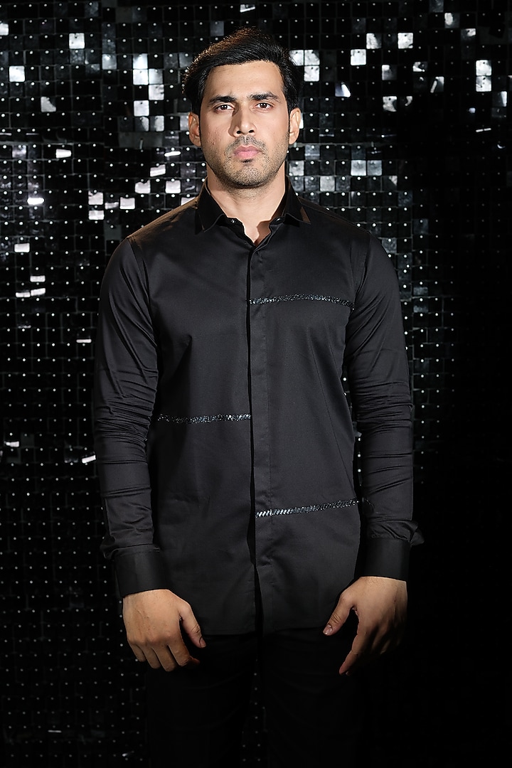Black Stretchable Cotton Party Wear Shirt by SANJANA REDDY MEN at Pernia's Pop Up Shop