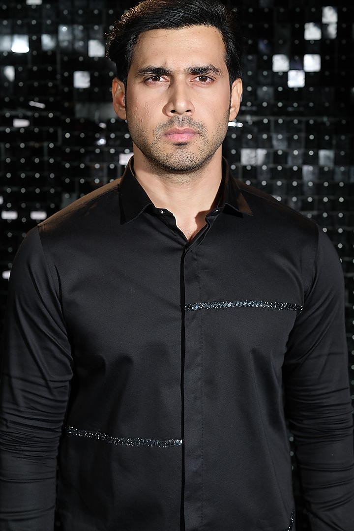 Black Stretchable Cotton Party Wear Shirt by SANJANA REDDY MEN at Pernia's Pop Up Shop