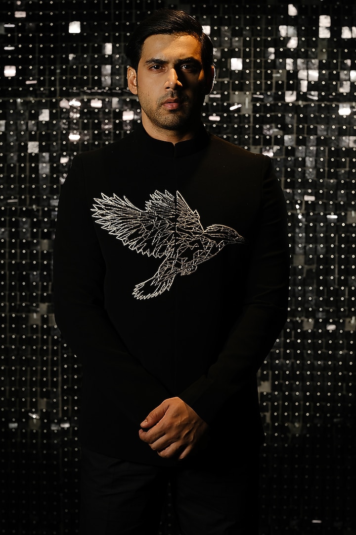 Black Poly Italian Fabric Hand Embroidered Bandhgala Set by SANJANA REDDY MEN at Pernia's Pop Up Shop