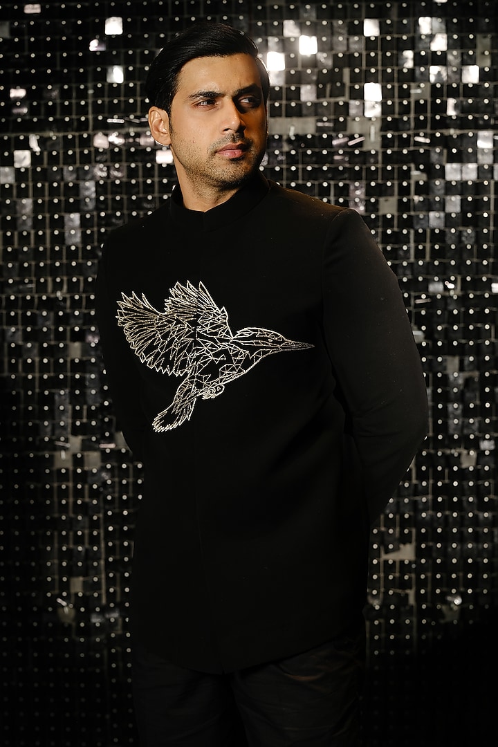 Black Poly Italian Fabric Hand Embroidered Bandhgala Set by SANJANA REDDY MEN at Pernia's Pop Up Shop