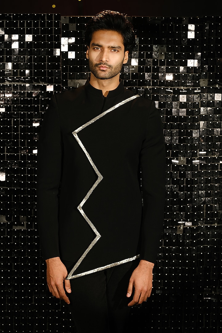 Black Poly Italian Fabric Hand Embroidered Wedding Bandhgala Set by SANJANA REDDY MEN at Pernia's Pop Up Shop