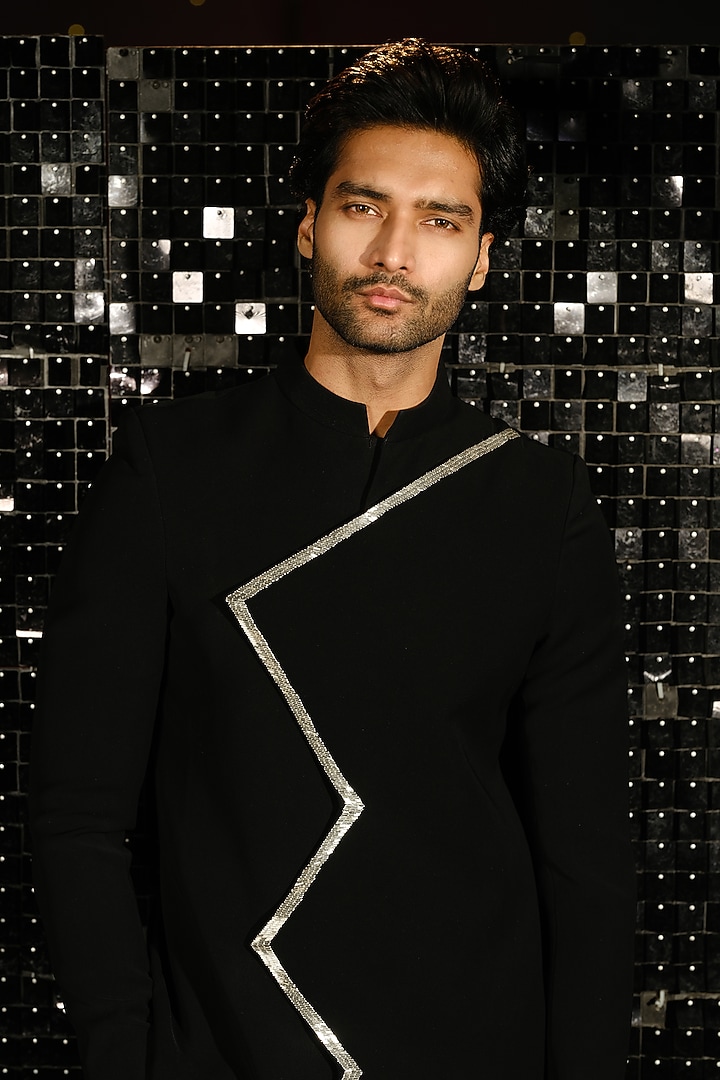 Black Poly Italian Fabric Hand Embroidered Wedding Bandhgala Set by SANJANA REDDY MEN at Pernia's Pop Up Shop