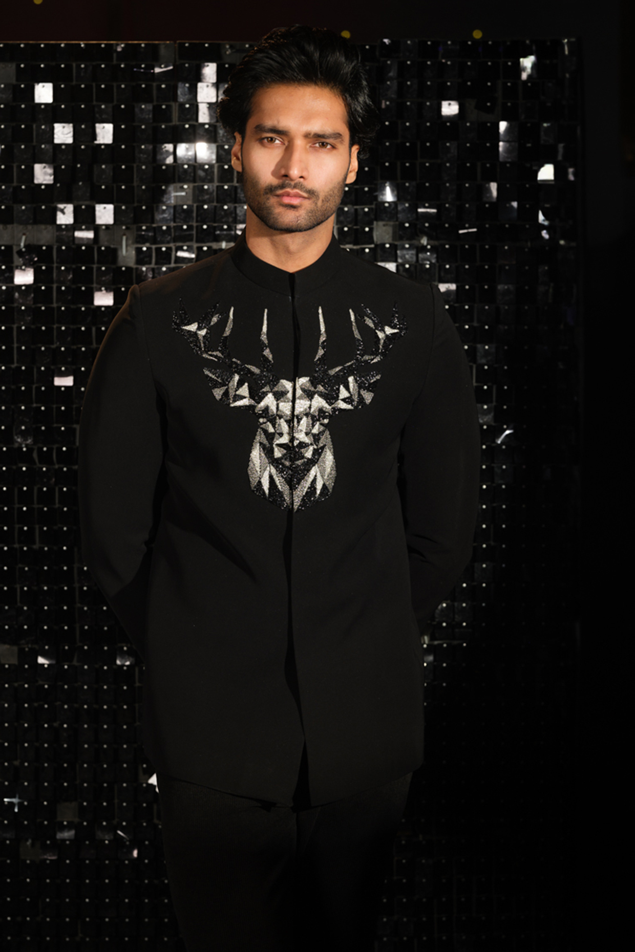 Black Poly Italian Fabric 3D Embroidered Bandhgala Set by SANJANA REDDY MEN