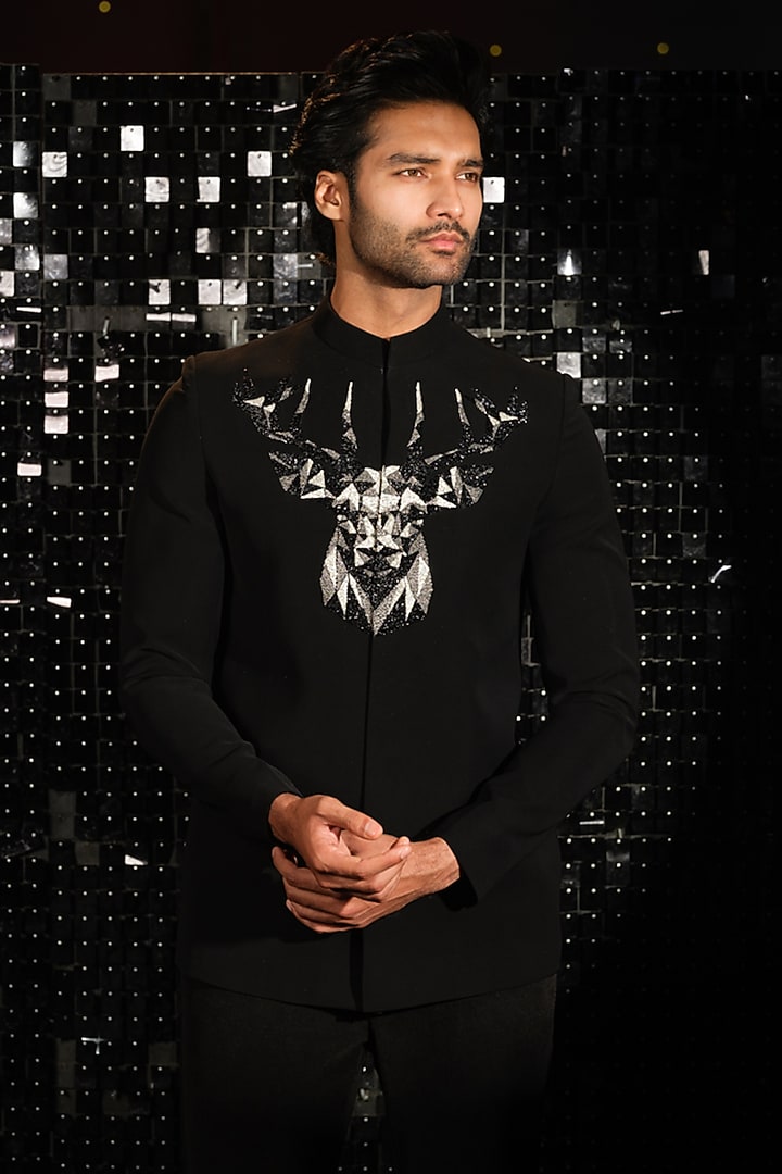 Black Poly Italian Fabric 3D Embroidered Bandhgala Set by SANJANA REDDY MEN at Pernia's Pop Up Shop
