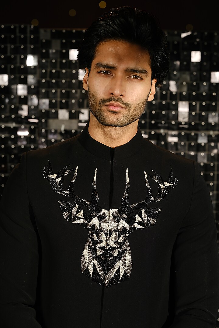 Black Poly Italian Fabric 3D Embroidered Bandhgala Set by SANJANA REDDY MEN at Pernia's Pop Up Shop