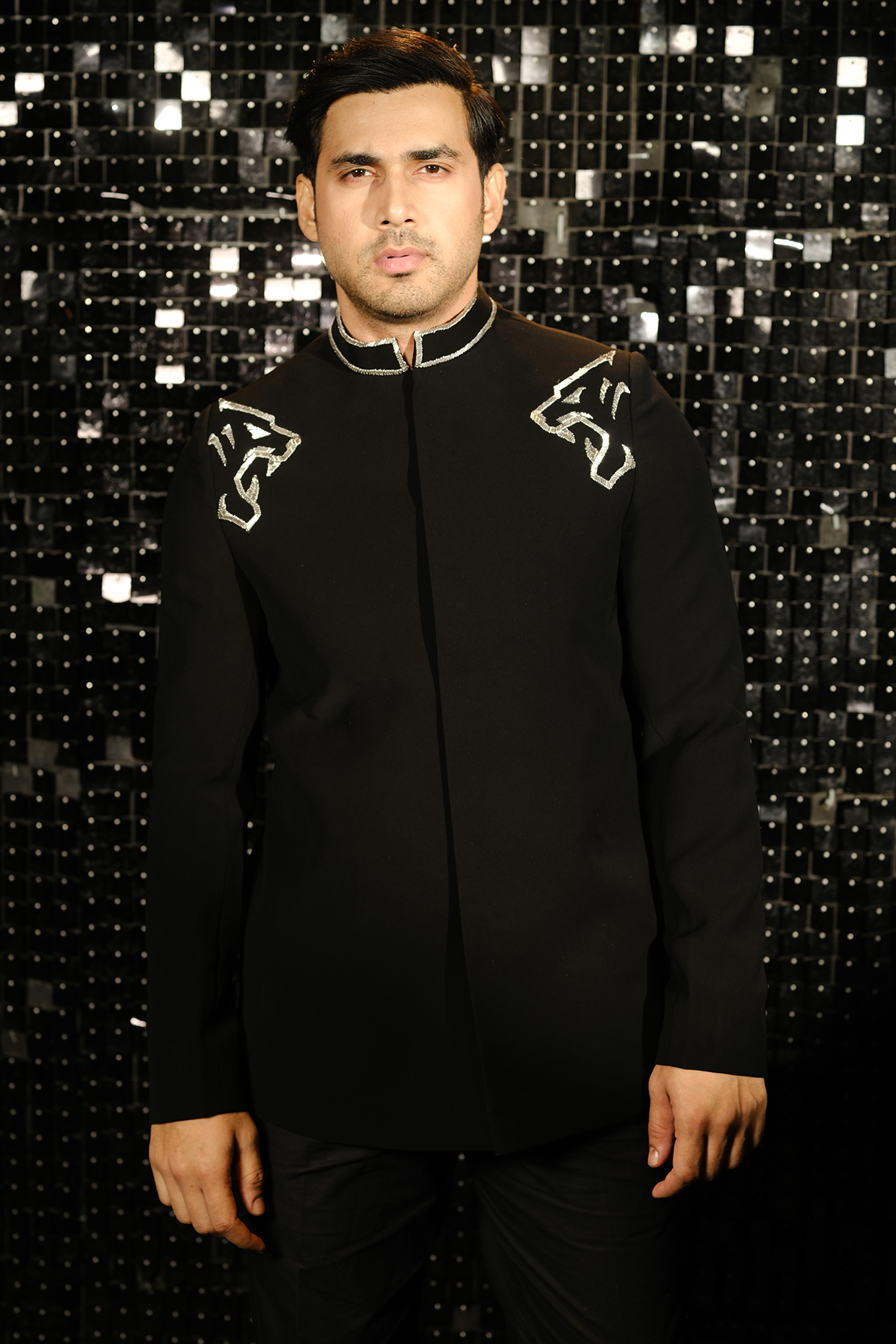 Black Poly Italian Fabric Panther Embroidered Bandhgala Set by SANJANA REDDY MEN