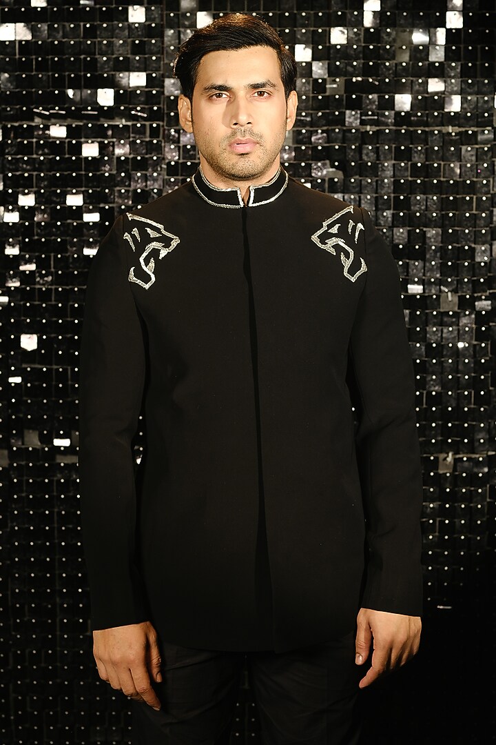 Black Poly Italian Fabric Panther Embroidered Bandhgala Set by SANJANA REDDY MEN at Pernia's Pop Up Shop