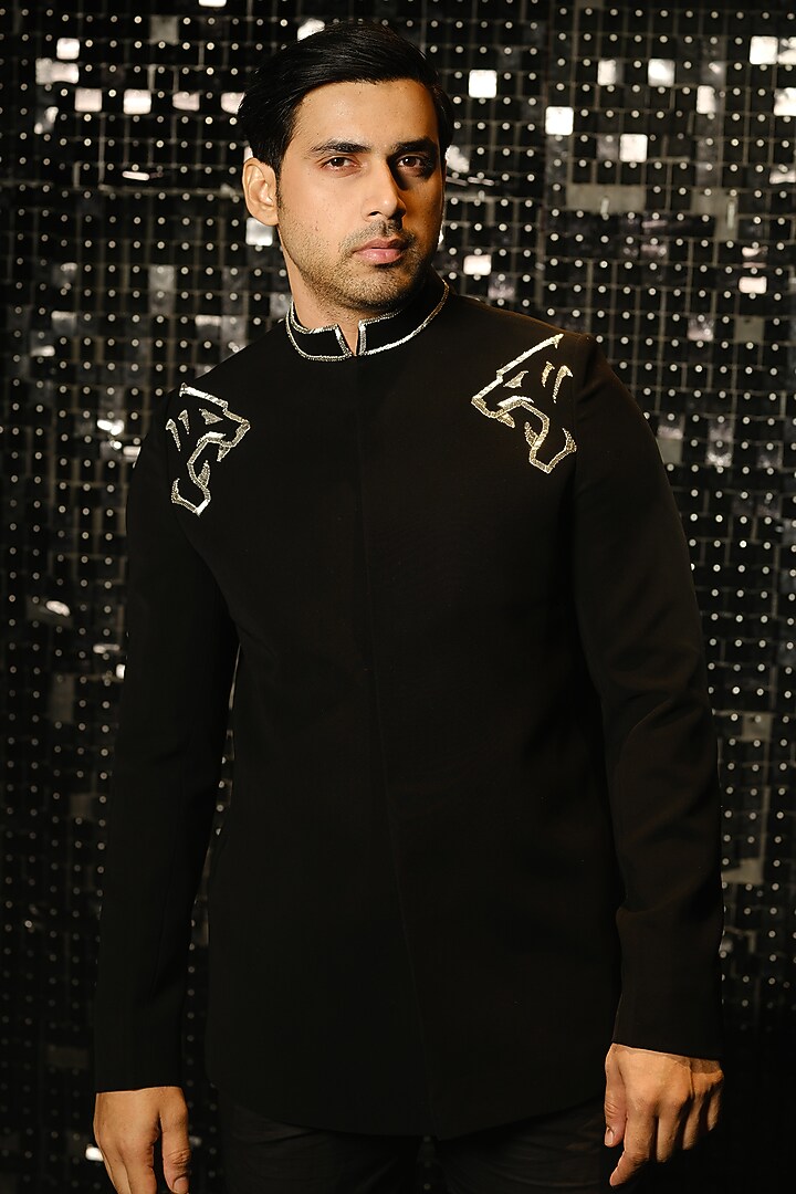 Black Poly Italian Fabric Panther Embroidered Bandhgala Set by SANJANA REDDY MEN at Pernia's Pop Up Shop