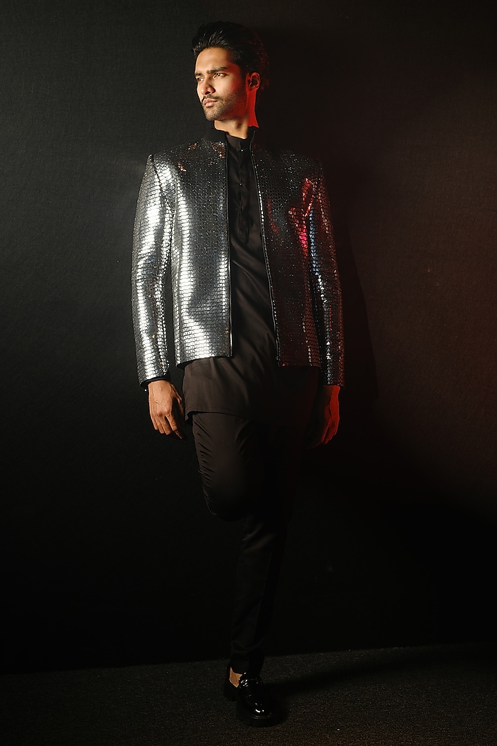 Black Poly Italian Fabric Hand Embroidered Jacket Set by SANJANA REDDY MEN