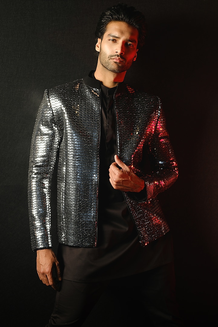 Black Poly Italian Fabric Hand Embroidered Jacket by SANJANA REDDY MEN