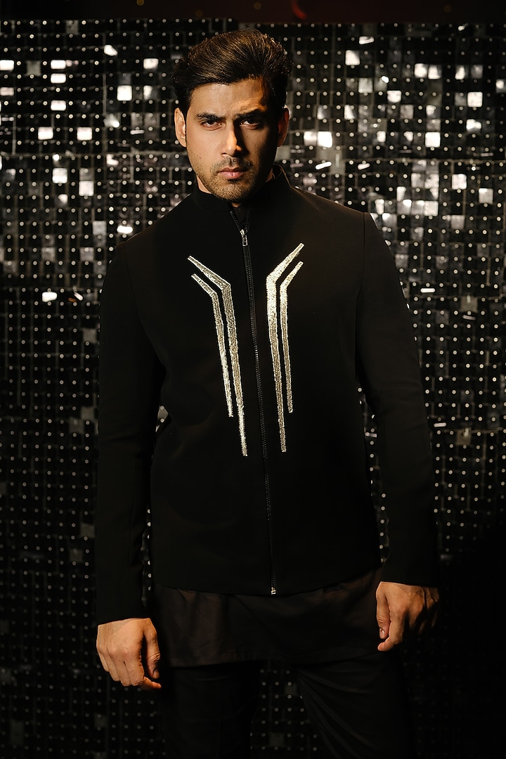 Black Poly Italian Fabric Hand Embroidered Jacket Set by SANJANA REDDY MEN at Pernia's Pop Up Shop