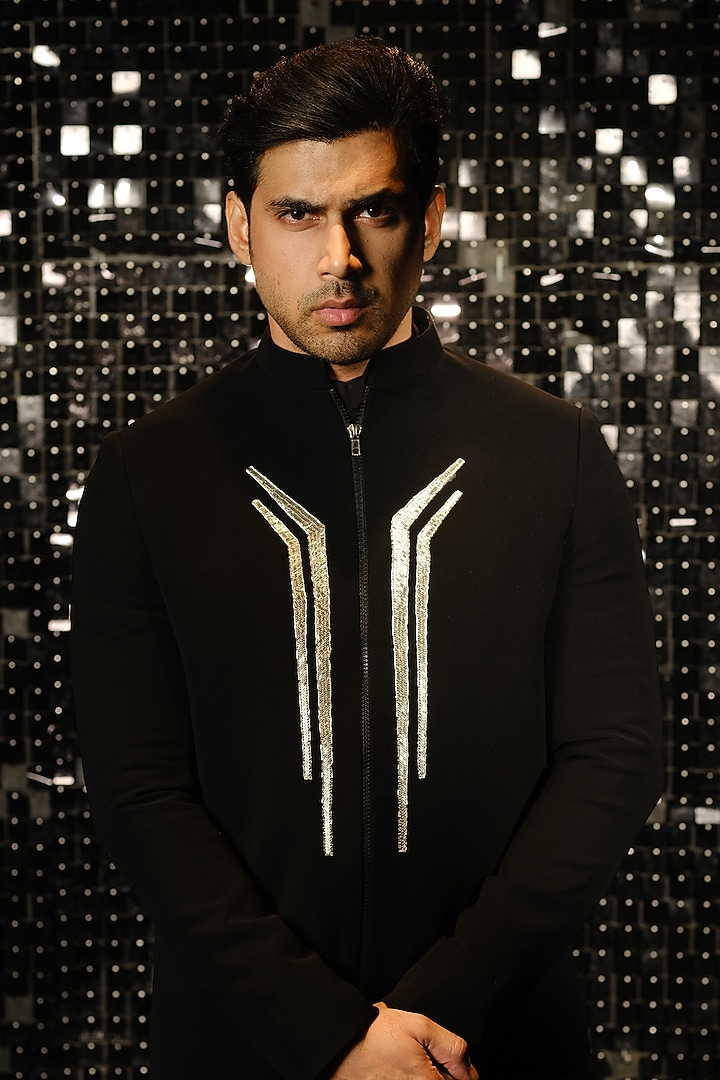 Black Poly Italian Fabric Hand Embroidered Jacket Set by SANJANA REDDY MEN at Pernia's Pop Up Shop