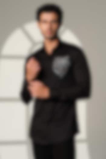 Black Stretchable Cotton Hand Embroidered Party Wear Shirt by SANJANA REDDY MEN at Pernia's Pop Up Shop