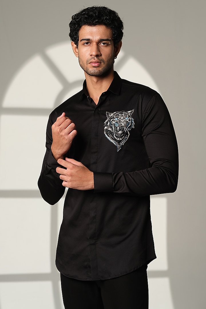 Black Stretchable Cotton Hand Embroidered Party Wear Shirt by SANJANA REDDY MEN at Pernia's Pop Up Shop