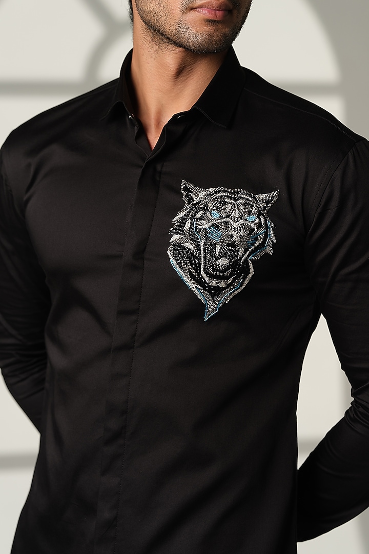 Black Stretchable Cotton Hand Embroidered Party Wear Shirt by SANJANA REDDY MEN at Pernia's Pop Up Shop