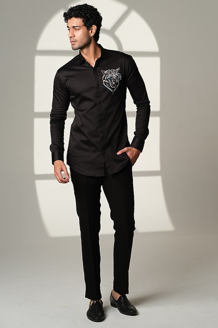 Black Stretchable Cotton Hand Embroidered Party Wear Shirt by SANJANA REDDY MEN at Pernia's Pop Up Shop
